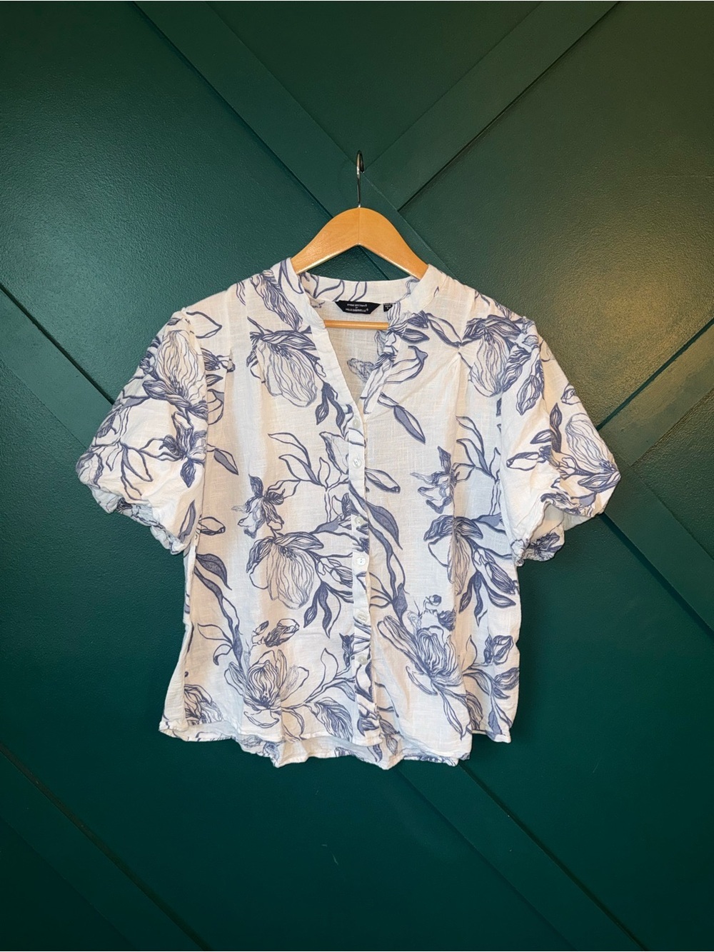 White Blue Floral 100% Cotten Puff Sleeve Blouse - Picture 2 of 7